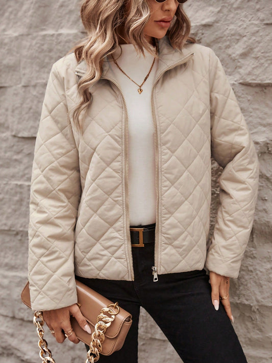 LUNE Ladies' Thin Padded Diamond Quilted Stand Collar Long Sleeve Padded Coat With Zipper Closure - WestLine Apparel