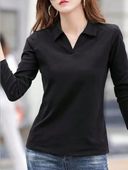 LUNE Women's Spring/Summer Solid Color Lapel Loose Fit Casual Long Sleeve T-Shirt - WestLine Apparel