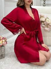 Lace Trimmed Cami Slip Dress And Robe Pajama Set - WestLine Apparel