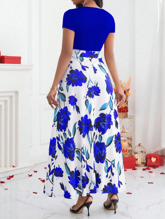 Lady Color-Block Flower Printed Empire Waist Dress - WestLine Apparel