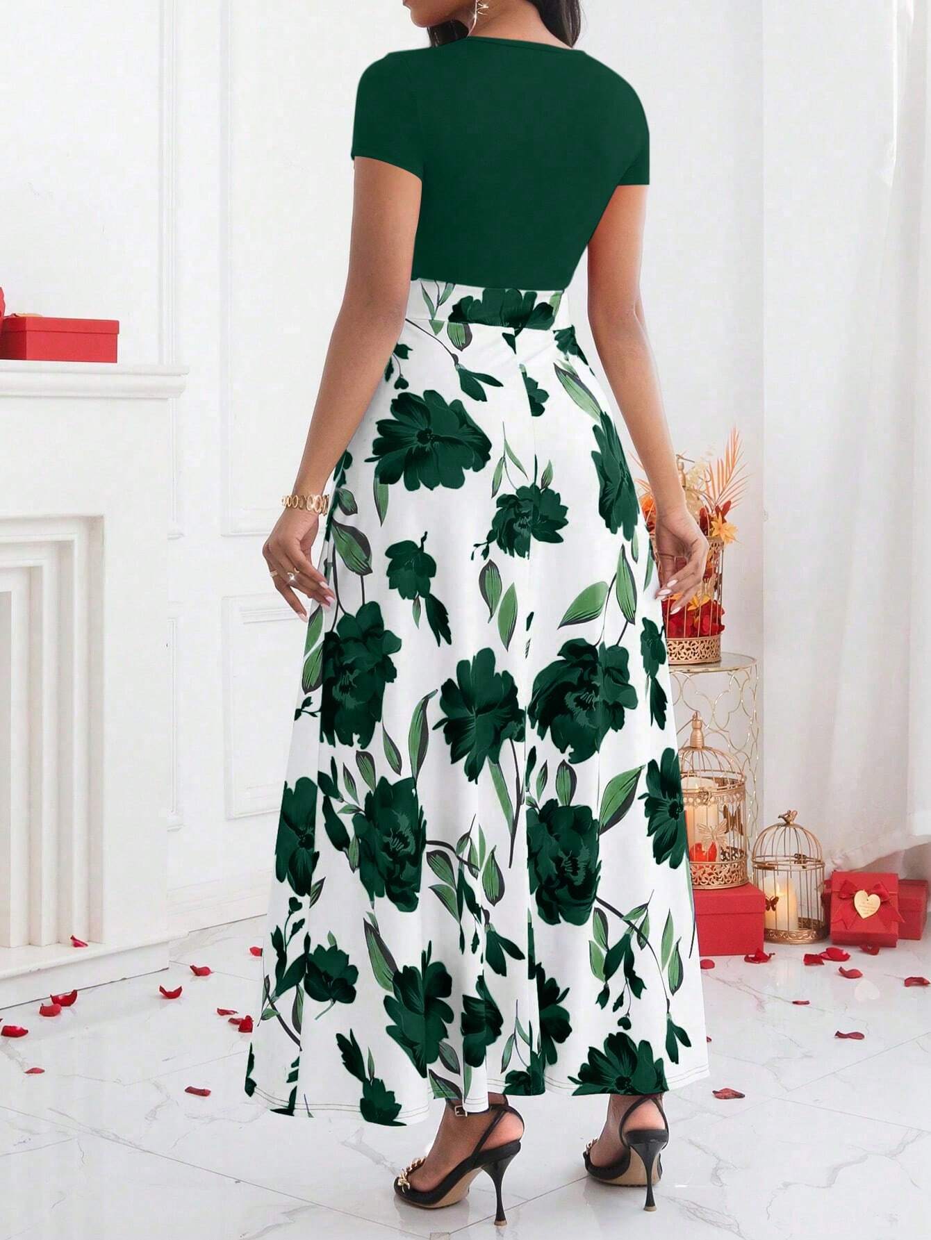 Lady Color-Block Flower Printed Empire Waist Dress - WestLine Apparel