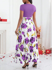 Lady Color-Block Flower Printed Empire Waist Dress - WestLine Apparel