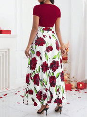 Lady Color-Block Flower Printed Empire Waist Dress - WestLine Apparel