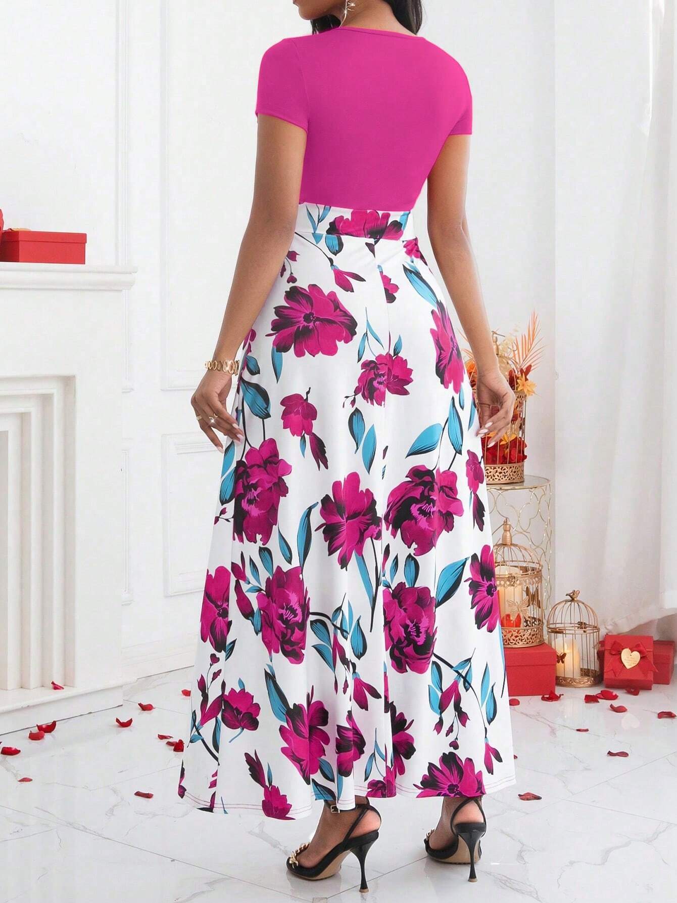 Lady Color-Block Flower Printed Empire Waist Dress - WestLine Apparel
