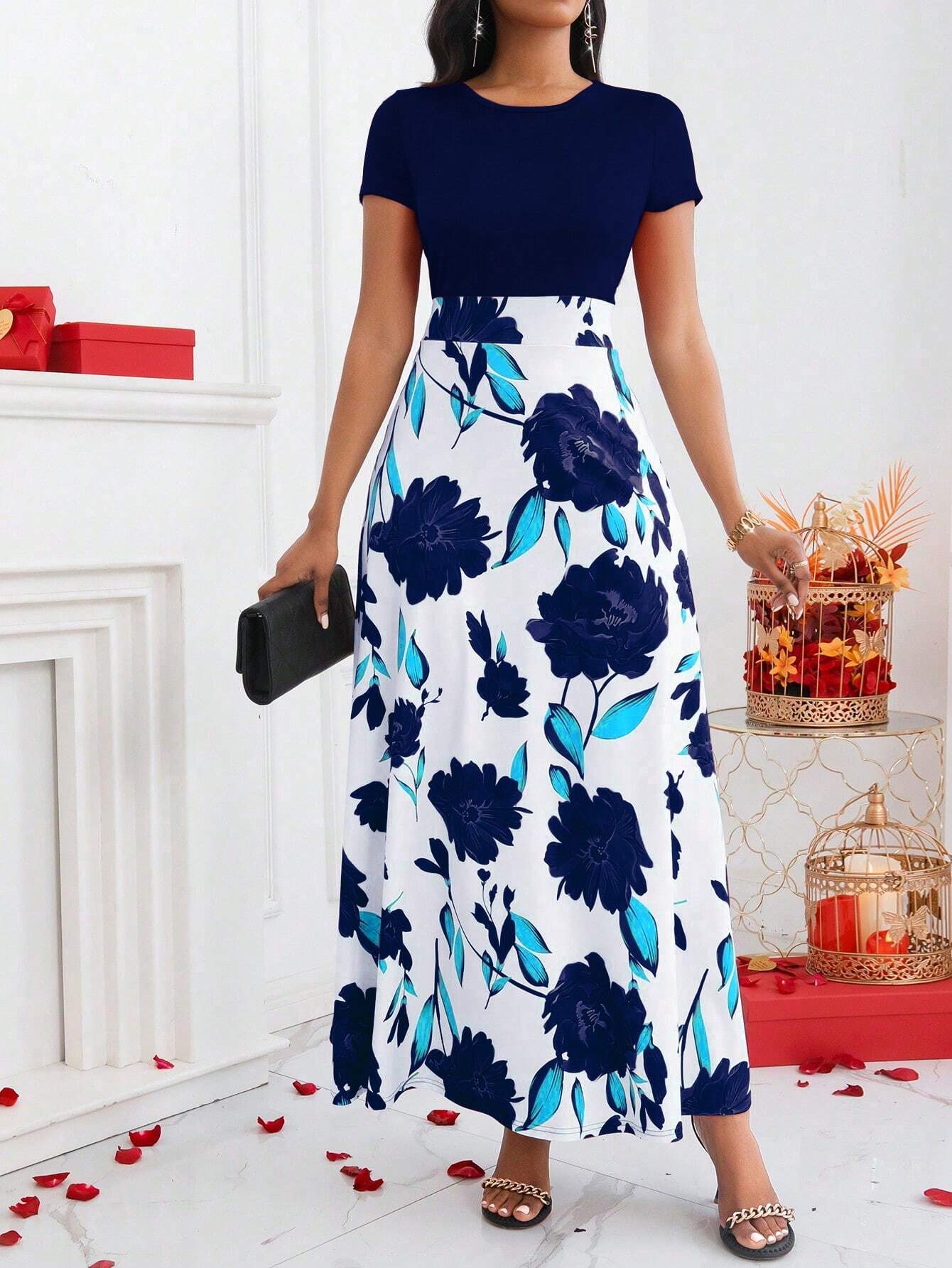 Lady Color-Block Flower Printed Empire Waist Dress - WestLine Apparel