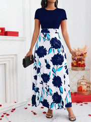 Lady Color-Block Flower Printed Empire Waist Dress - WestLine Apparel