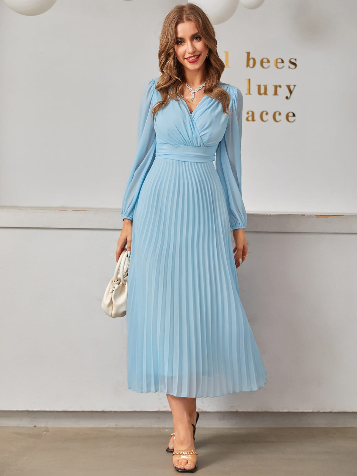 Modely Surplice Neck Lantern Sleeve Pleated Hem Dress - WestLine Apparel