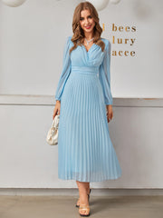 Modely Surplice Neck Lantern Sleeve Pleated Hem Dress - WestLine Apparel