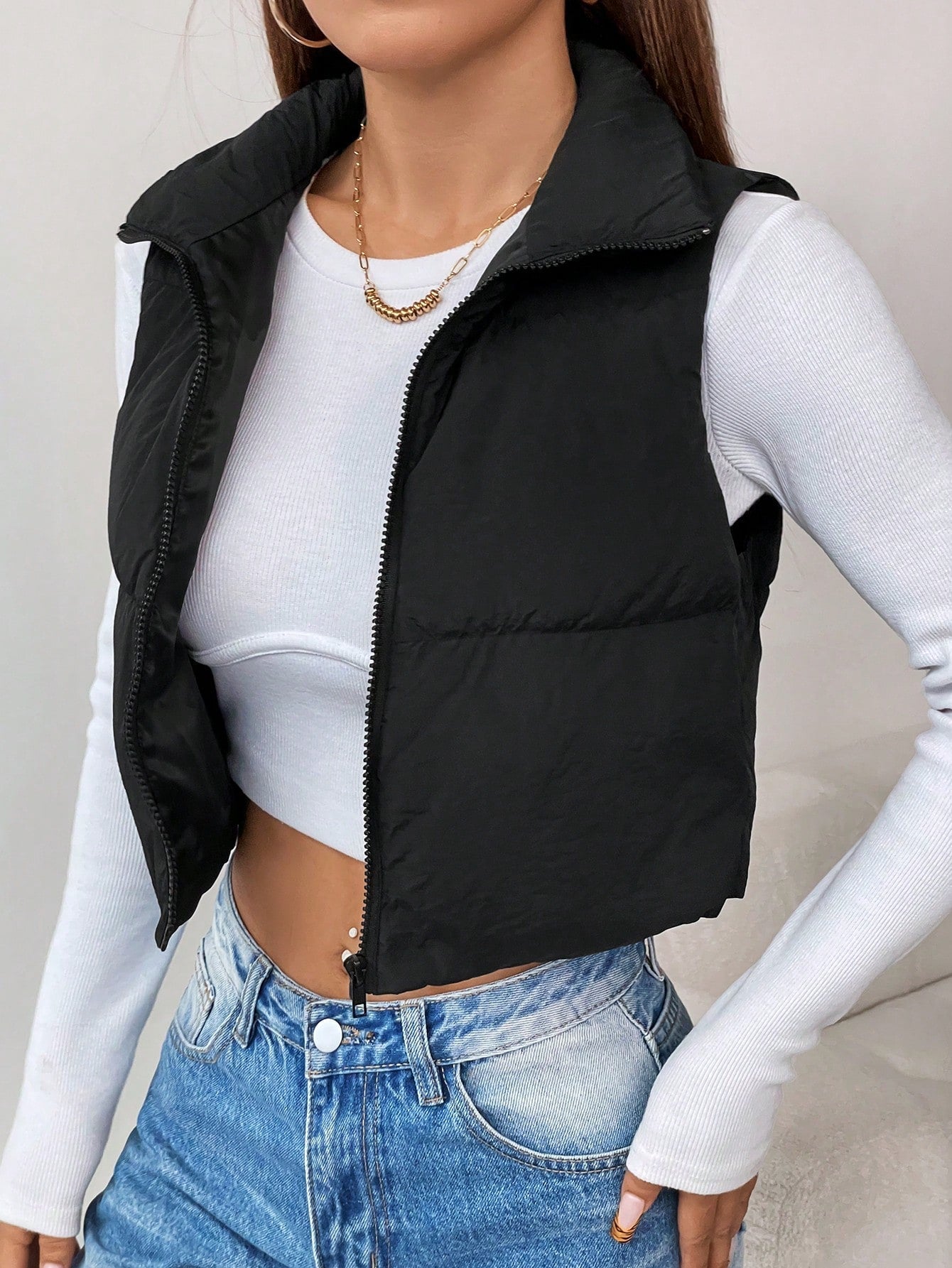 PETITE Zip Up Crop Vest Padded Coat - WestLine Apparel