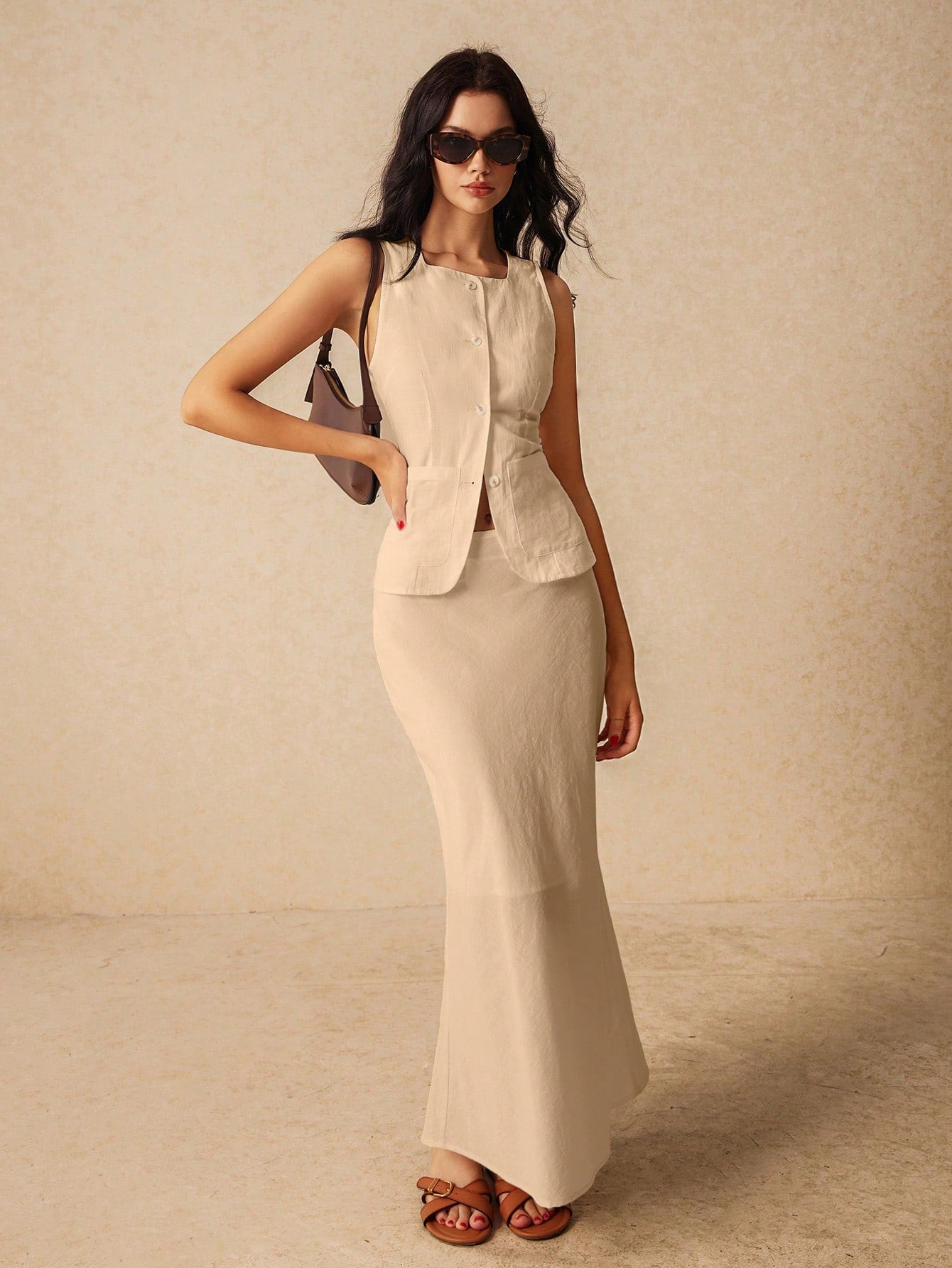 Poéselle 2 Pieces Minimalist Sharp Fashion Sleeveless Single Breasted Vest Dress Set, Spring Autumn Elegant Set, Comfortable, Trendy, French, Elegant, Casual, Simple Everyday, Solid Colours, Holiday Casual, Easy Fashion, Modest, Singles, Suitable For Hol - WestLine Apparel