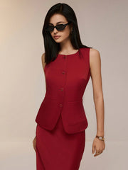Poéselle 2 Pieces Minimalist Sharp Fashion Sleeveless Single Breasted Vest Dress Set, Spring Autumn Elegant Set, Comfortable, Trendy, French, Elegant, Casual, Simple Everyday, Solid Colours, Holiday Casual, Easy Fashion, Modest, Singles, Suitable For Hol - WestLine Apparel