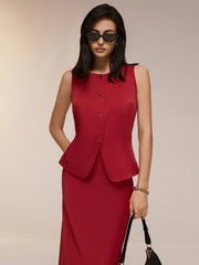 Poéselle 2 Pieces Minimalist Sharp Fashion Sleeveless Single Breasted Vest Dress Set, Spring Autumn Elegant Set, Comfortable, Trendy, French, Elegant, Casual, Simple Everyday, Solid Colours, Holiday Casual, Easy Fashion, Modest, Singles, Suitable For Hol - WestLine Apparel