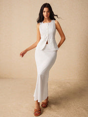 Poéselle 2 Pieces Minimalist Sharp Fashion Sleeveless Single Breasted Vest Dress Set, Spring Autumn Elegant Set, Comfortable, Trendy, French, Elegant, Casual, Simple Everyday, Solid Colours, Holiday Casual, Easy Fashion, Modest, Singles, Suitable For Hol - WestLine Apparel