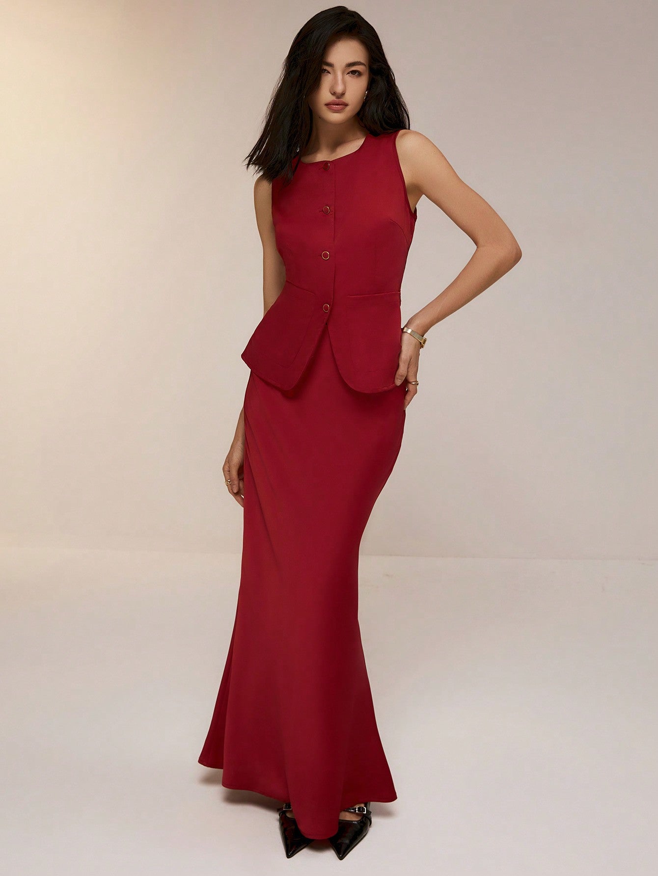 Poéselle 2 Pieces Minimalist Sharp Fashion Sleeveless Single Breasted Vest Dress Set, Spring Autumn Elegant Set, Comfortable, Trendy, French, Elegant, Casual, Simple Everyday, Solid Colours, Holiday Casual, Easy Fashion, Modest, Singles, Suitable For Hol - WestLine Apparel