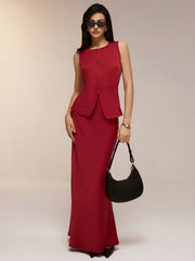 Poéselle 2 Pieces Minimalist Sharp Fashion Sleeveless Single Breasted Vest Dress Set, Spring Autumn Elegant Set, Comfortable, Trendy, French, Elegant, Casual, Simple Everyday, Solid Colours, Holiday Casual, Easy Fashion, Modest, Singles, Suitable For Hol - WestLine Apparel