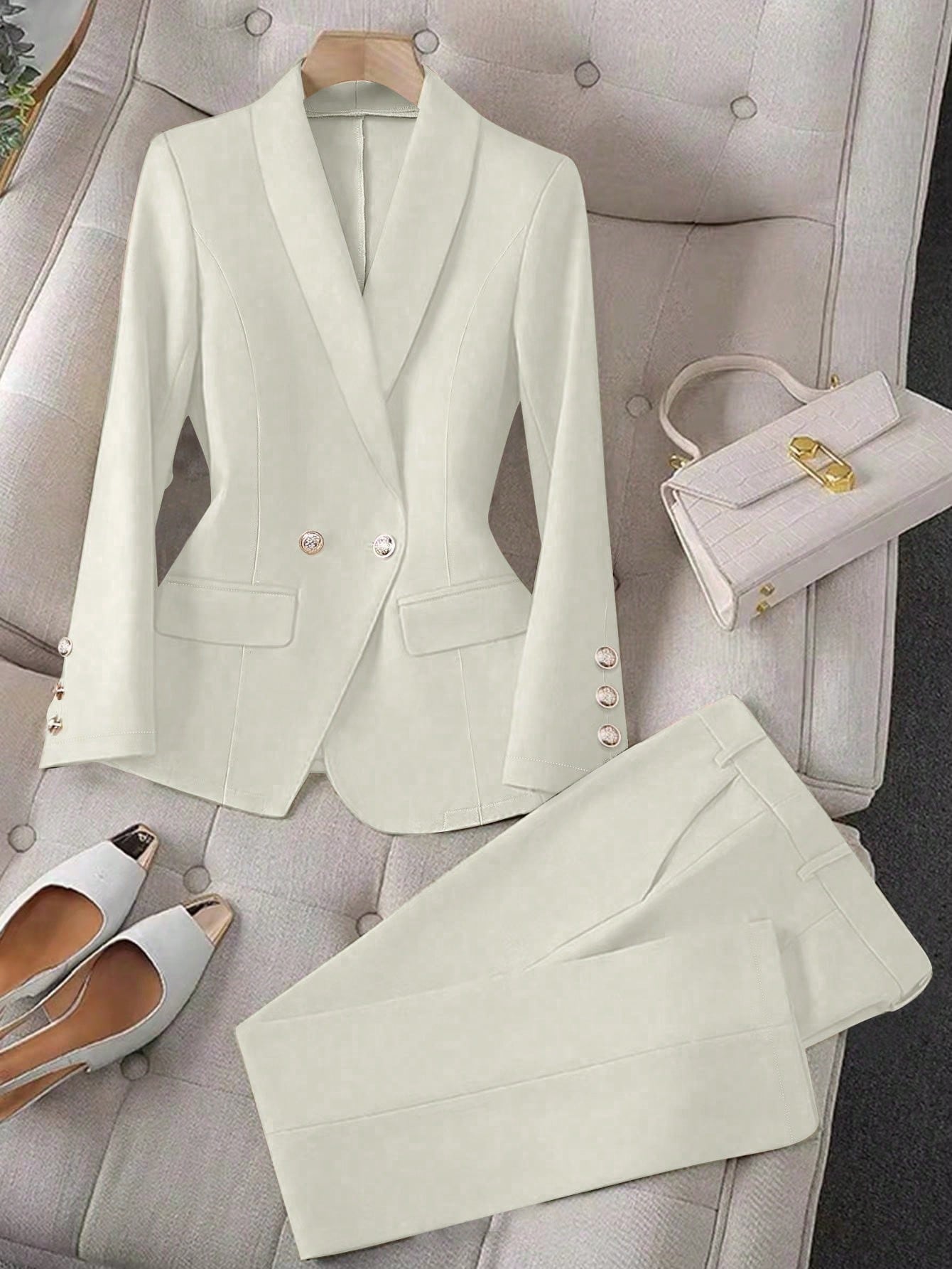 Privé Apricot Colored Long Sleeve Lapel Blazer Suit Set For Women , Bussines Casual Women - WestLine Apparel