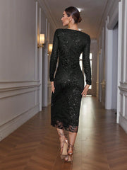 Privé Elegant Sexy Sheer Mesh Embroidered Beaded Bodycon Long Sleeve Dress, Party Dress For Women - WestLine Apparel