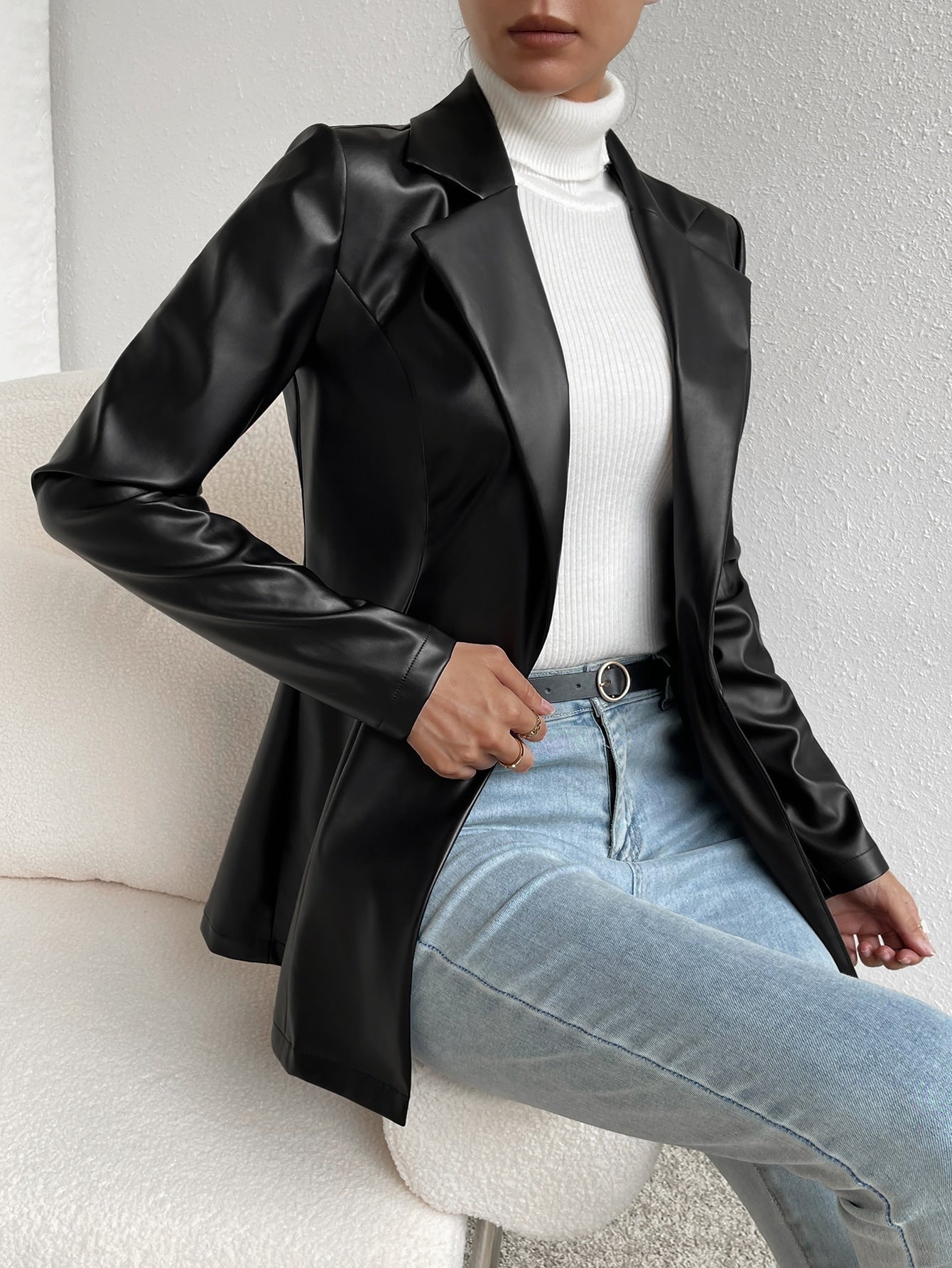 Privé Lapel Collar Single Button PU Black Coat - WestLine Apparel