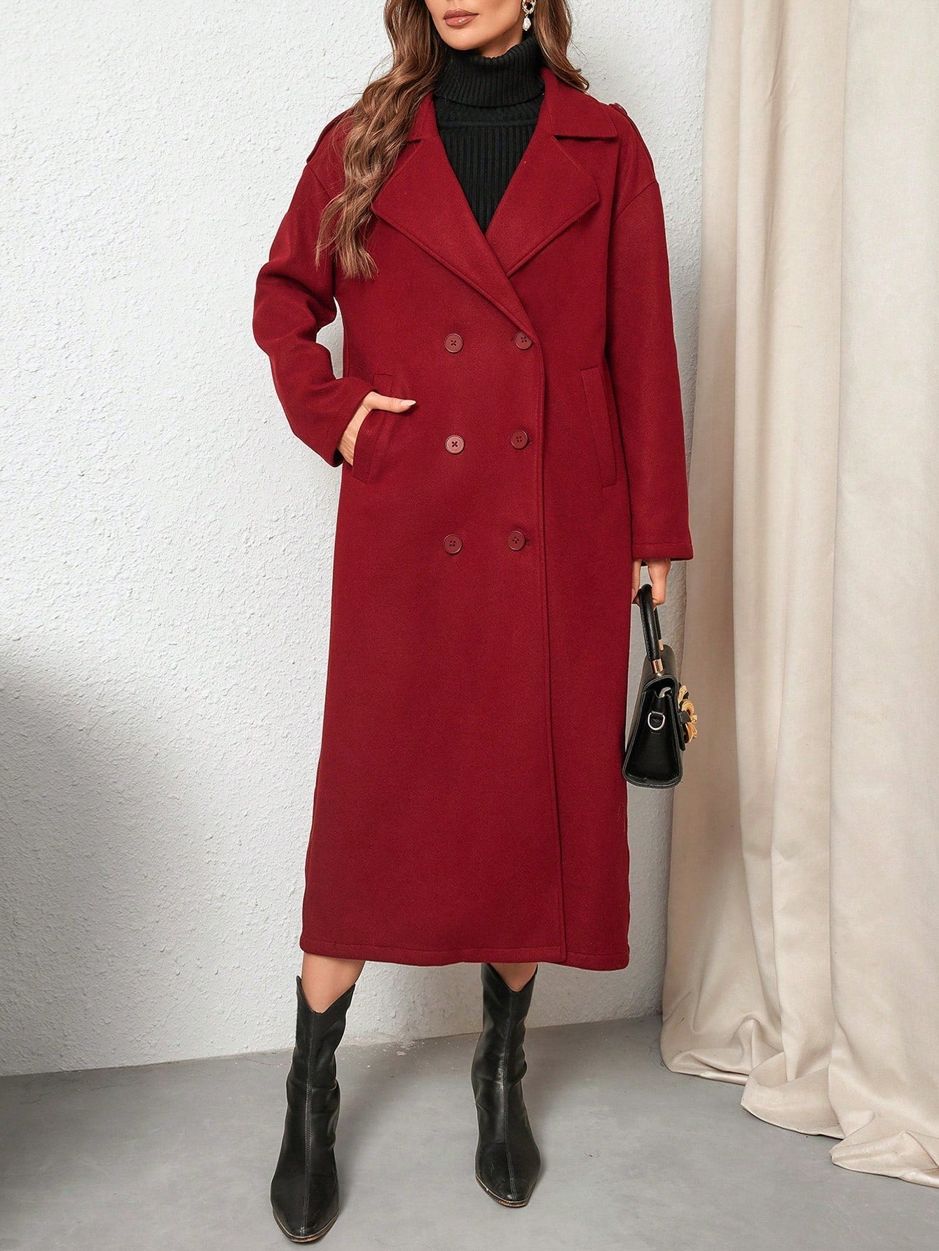 Privé Women's Elegant & Stylish Burgundy Long Trench Coat, New Autumn Winter Design,Notched Collar Double-Breasted Long Sleeve Wrinkle-Resistant Fashionable Trench Coat,Fall Women  Coat,Winter Women Clothes Suitable For Dating, Parties, Holidays, Banque - WestLine Apparel