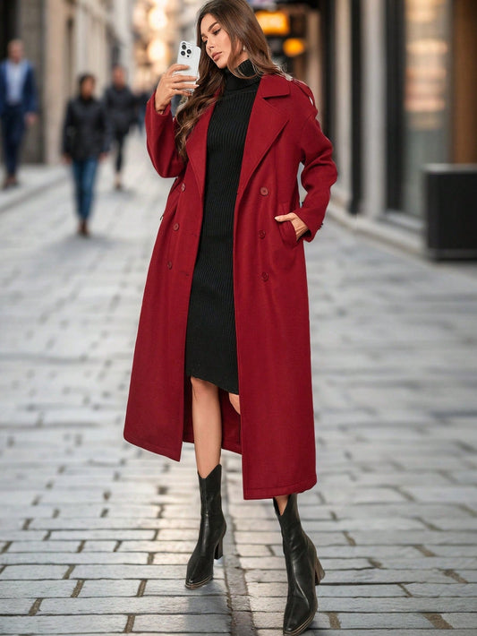 Privé Women's Elegant & Stylish Burgundy Long Trench Coat, New Autumn Winter Design,Notched Collar Double-Breasted Long Sleeve Wrinkle-Resistant Fashionable Trench Coat,Fall Women  Coat,Winter Women Clothes Suitable For Dating, Parties, Holidays, Banque - WestLine Apparel