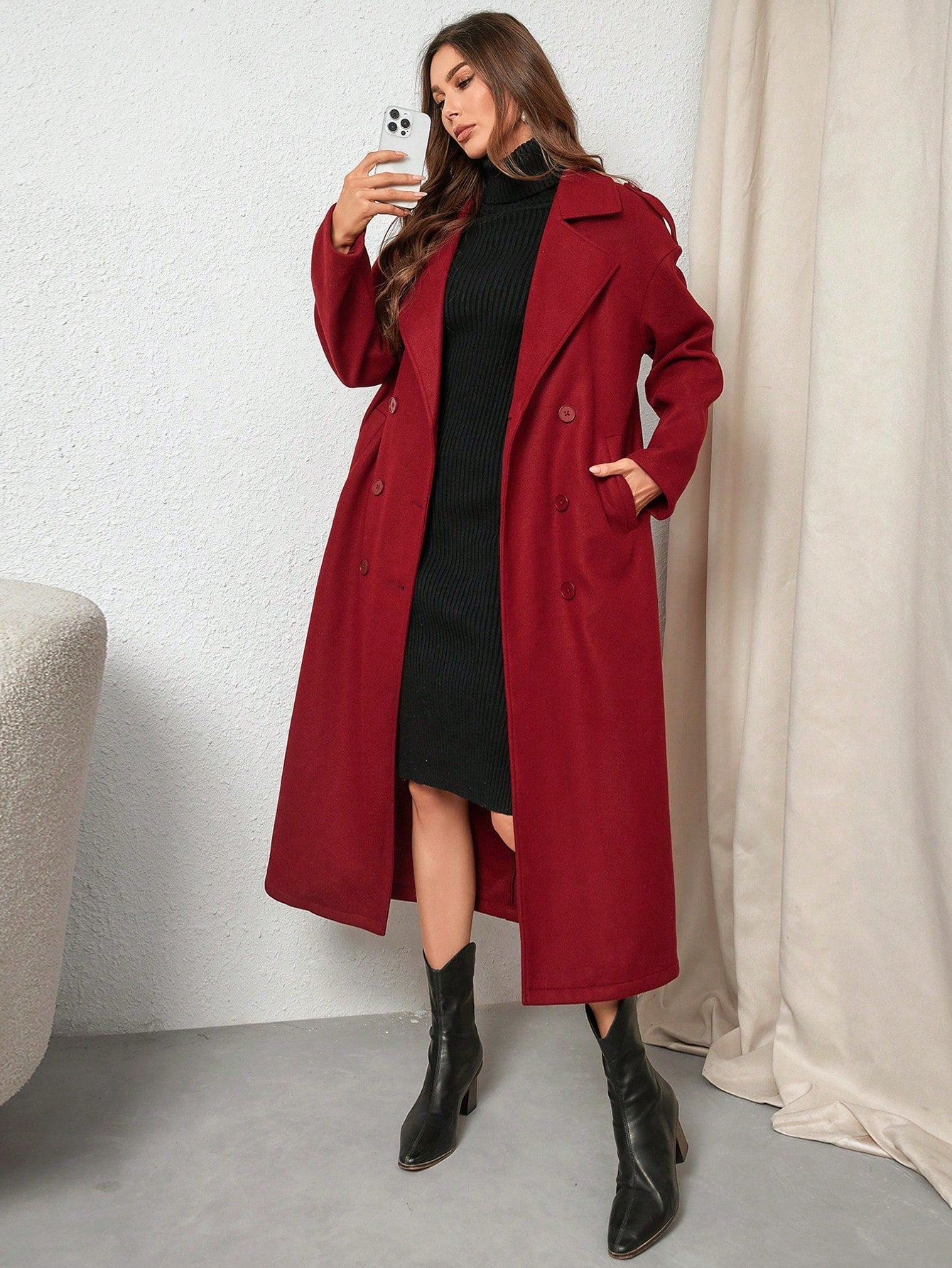 Privé Women's Elegant & Stylish Burgundy Long Trench Coat, New Autumn Winter Design,Notched Collar Double-Breasted Long Sleeve Wrinkle-Resistant Fashionable Trench Coat,Fall Women  Coat,Winter Women Clothes Suitable For Dating, Parties, Holidays, Banque - WestLine Apparel