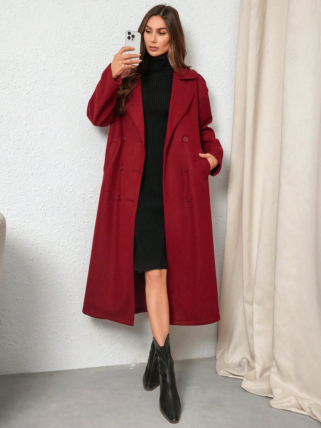 Privé Women's Elegant & Stylish Burgundy Long Trench Coat, New Autumn Winter Design,Notched Collar Double-Breasted Long Sleeve Wrinkle-Resistant Fashionable Trench Coat,Fall Women  Coat,Winter Women Clothes Suitable For Dating, Parties, Holidays, Banque - WestLine Apparel