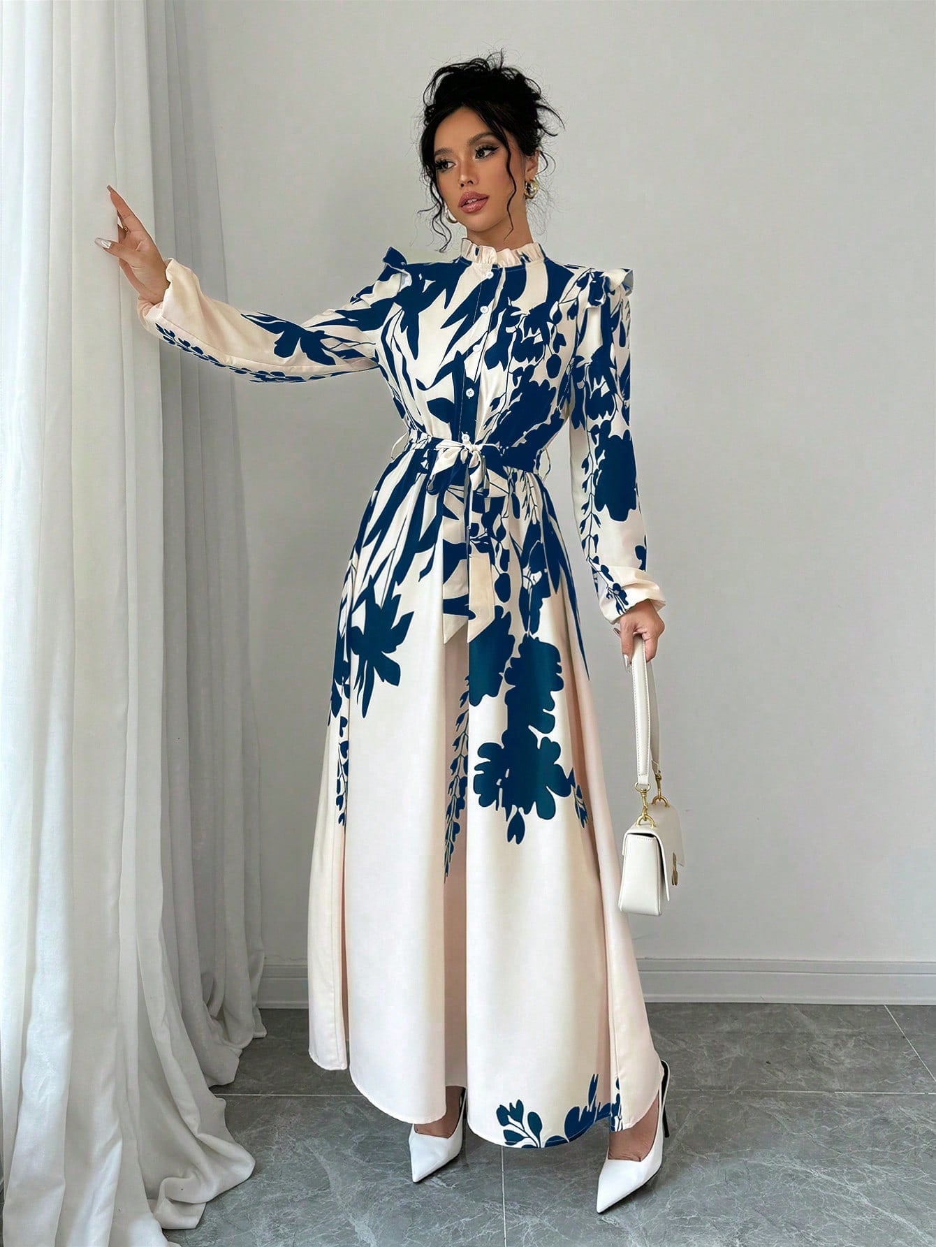 Privé Women's Floral Cinched Waist Long Sleeve A-Line Dress With Front Button - WestLine Apparel