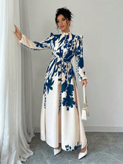 Privé Women's Floral Cinched Waist Long Sleeve A-Line Dress With Front Button - WestLine Apparel