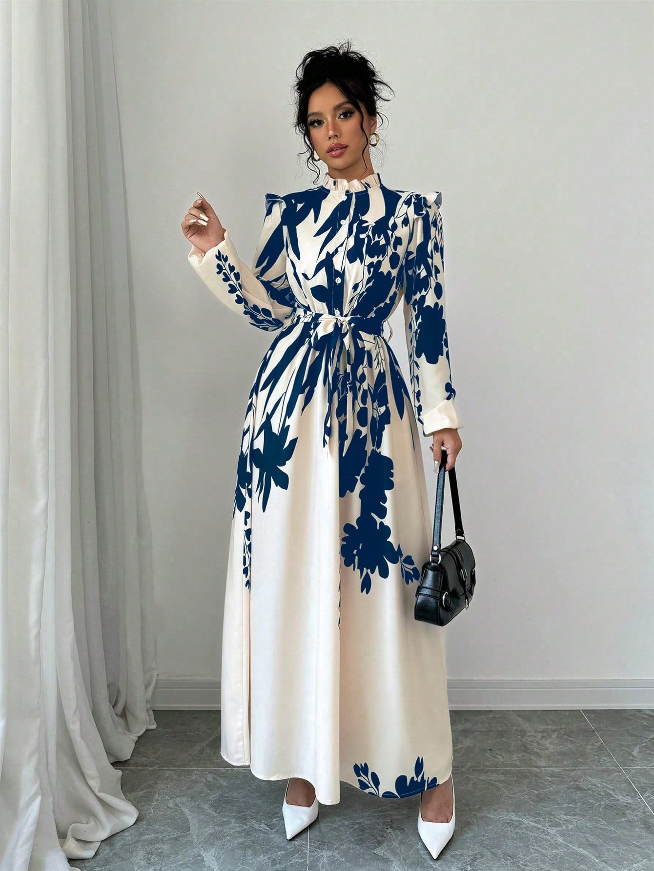 Privé Women's Floral Cinched Waist Long Sleeve A-Line Dress With Front Button - WestLine Apparel