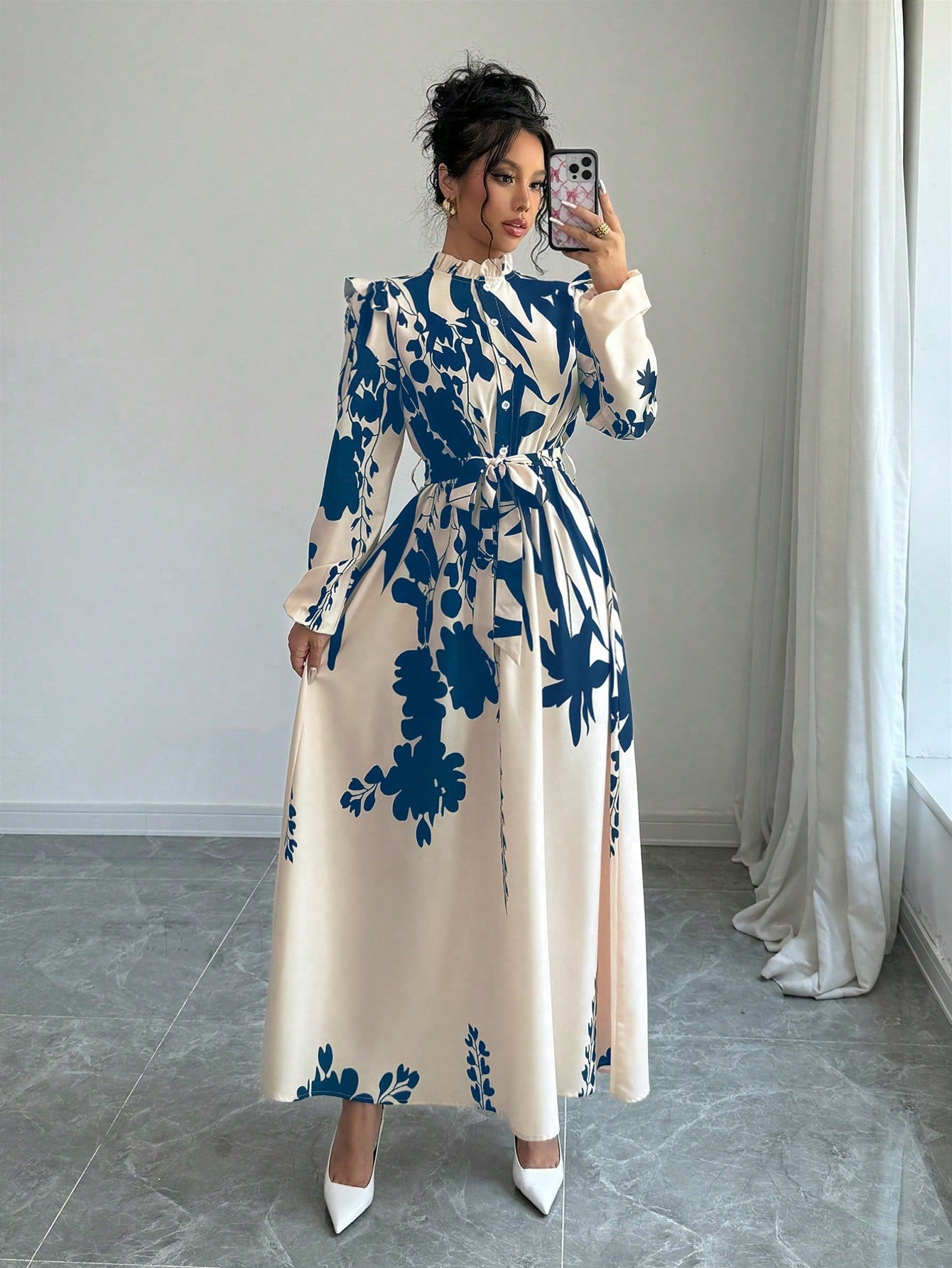 Privé Women's Floral Cinched Waist Long Sleeve A-Line Dress With Front Button - WestLine Apparel