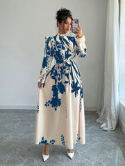 Privé Women's Floral Cinched Waist Long Sleeve A-Line Dress With Front Button - WestLine Apparel