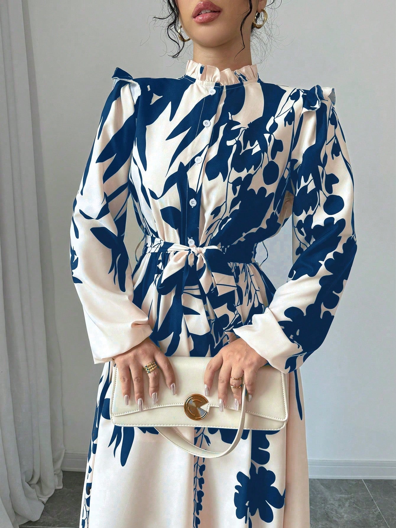 Privé Women's Floral Cinched Waist Long Sleeve A-Line Dress With Front Button - WestLine Apparel