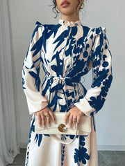 Privé Women's Floral Cinched Waist Long Sleeve A-Line Dress With Front Button - WestLine Apparel