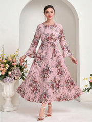 SHEIN Modely Floral Print Flounce Sleeve Pleated Hem Belted Dress - WestLine Apparel