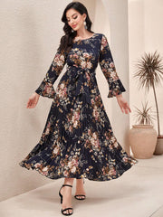SHEIN Modely Floral Print Flounce Sleeve Pleated Hem Belted Dress - WestLine Apparel