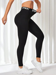 Sport Exploreva Black Letter Tape Waist Sport Leggings - WestLine Apparel