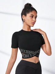 Sport Studio Letter Graphic Crisscross Sports Tee Gym Top Fitted Shirt - WestLine Apparel