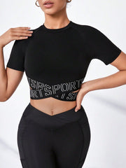 Sport Studio Letter Graphic Crisscross Sports Tee Gym Top Fitted Shirt - WestLine Apparel