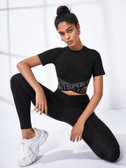 Sport Studio Letter Graphic Crisscross Sports Tee Gym Top Fitted Shirt - WestLine Apparel