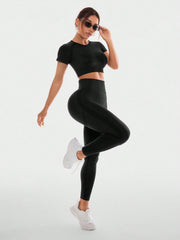Sport Studio Seamless High-Stretch Sport Short Sleeve Top And Long Pants Set - WestLine Apparel
