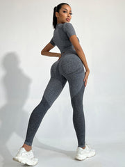 Sport Studio Seamless High-Stretch Sport Short Sleeve Top And Long Pants Set - WestLine Apparel