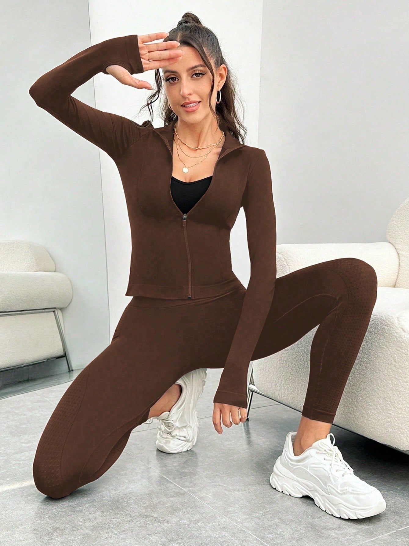 Sport Studio Zip Up Thumbholes Sports Bra & Sports Jacket & Jacket & Leggings Workout Set Outfit Set - WestLine Apparel