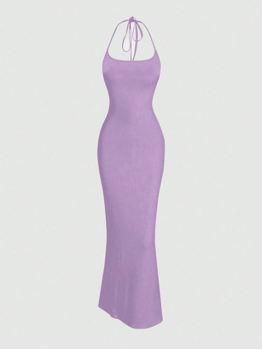 Sweetro Women Solid Color Minimalist Halter Tie Neck Velvet Long  Homecoming Dress - WestLine Apparel