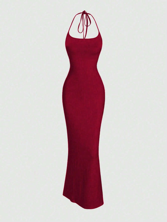 Sweetro Women Solid Color Minimalist Halter Tie Neck Velvet Long  Homecoming Dress - WestLine Apparel