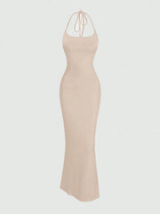 Sweetro Women Solid Color Minimalist Halter Tie Neck Velvet Long  Homecoming Dress - WestLine Apparel