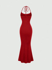 Sweetro Women Solid Color Minimalist Halter Tie Neck Velvet Long  Homecoming Dress - WestLine Apparel