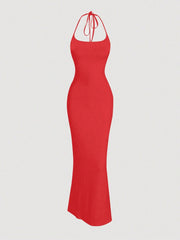 Sweetro Women Solid Color Minimalist Halter Tie Neck Velvet Long  Homecoming Dress - WestLine Apparel