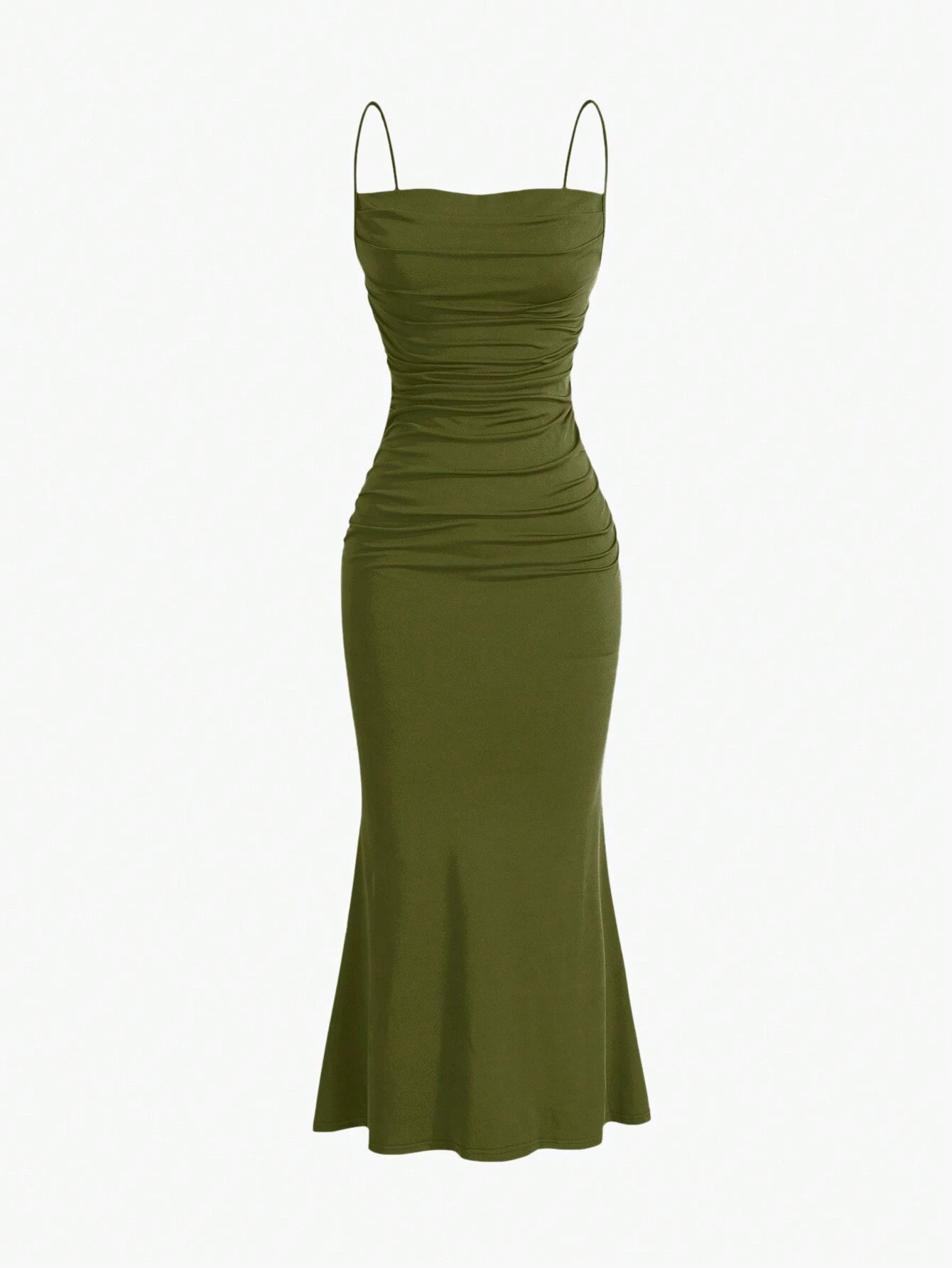Sweetro Women's Summer Solid Color Pleated Fish Tail Hem Bodycon Elegant Strap Dress - WestLine Apparel