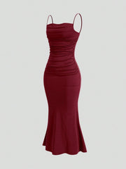 Sweetro Women's Summer Solid Color Pleated Fish Tail Hem Bodycon Elegant Strap Dress - WestLine Apparel