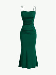 Sweetro Women's Summer Solid Color Pleated Fish Tail Hem Bodycon Elegant Strap Dress - WestLine Apparel